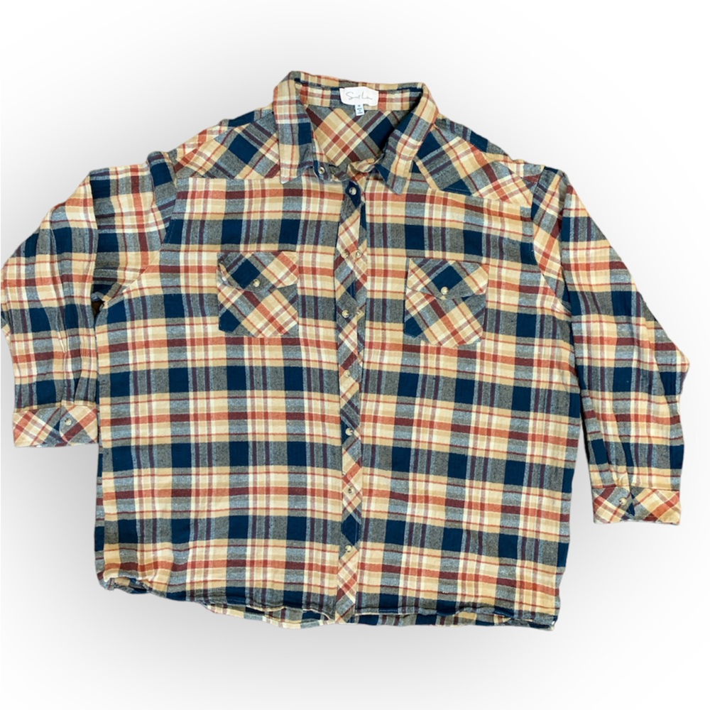 Sweet Lemon Women's Flannel‎ Navy Pearl Snap Button Up Western Shirt Size 1X